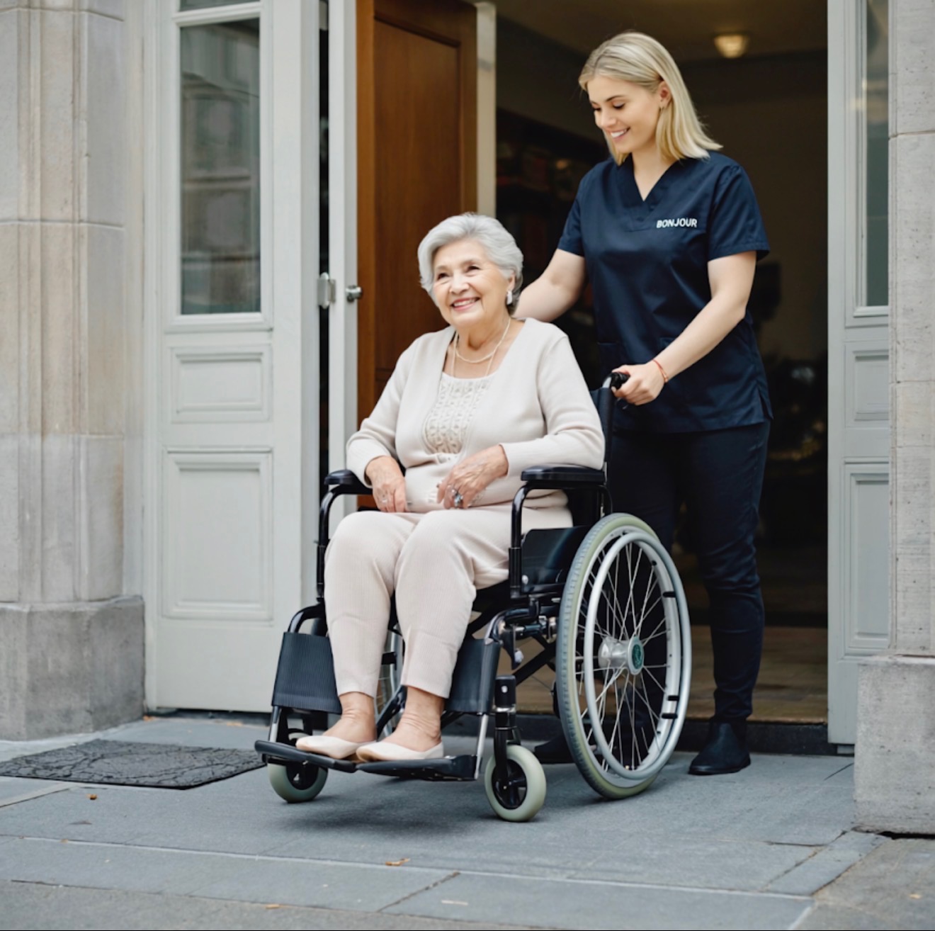 Bonjour Home Care caregiver assisting senior at elegant home entry