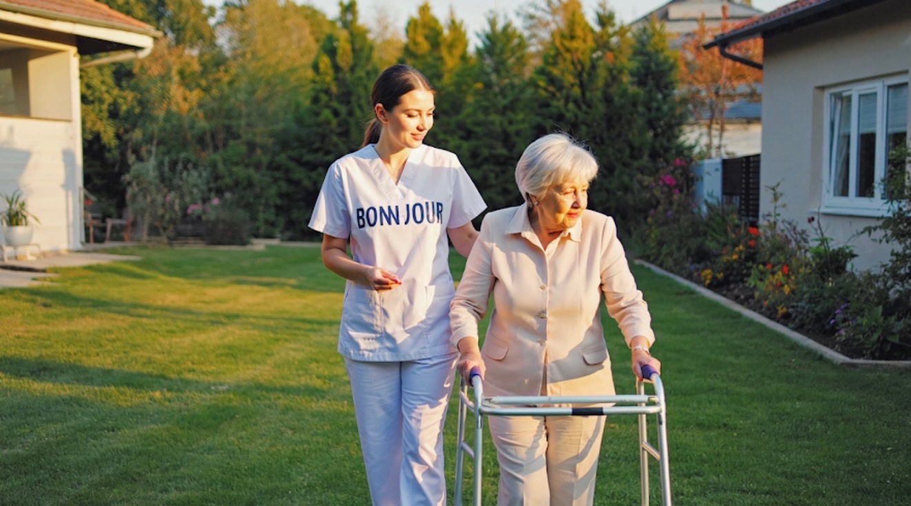 Bonjour caregiver and senior walking with walker in suburban NJ garden