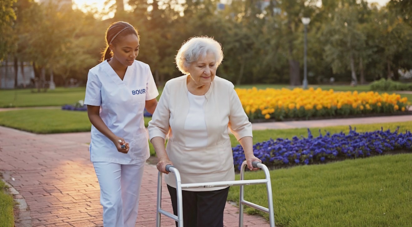 Bonjour caregiver and senior walking in NJ park with spring tulips